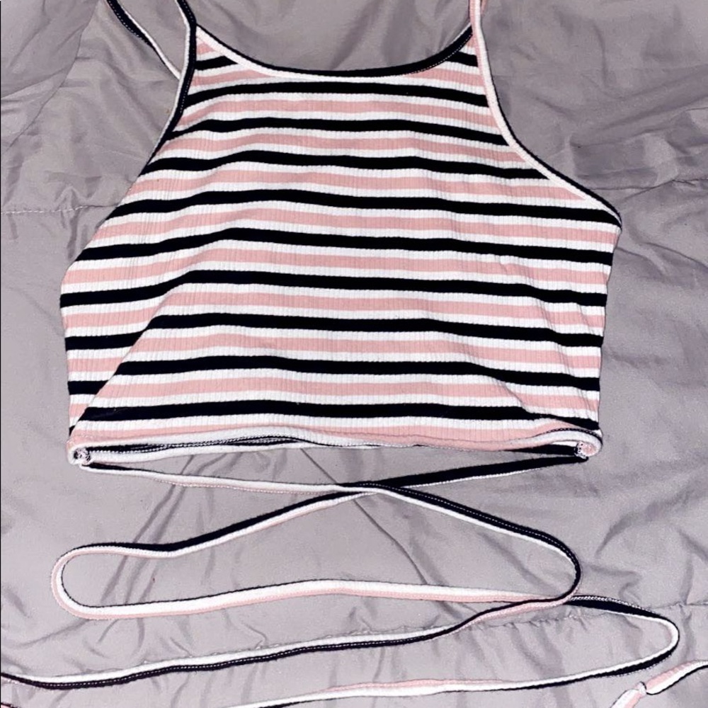 Black white and pink stripped crop top